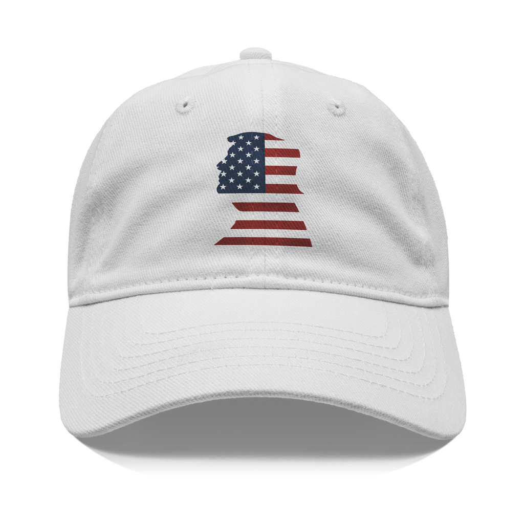 Trump As American Flag Apparel white cap featuring American flag graphic design.