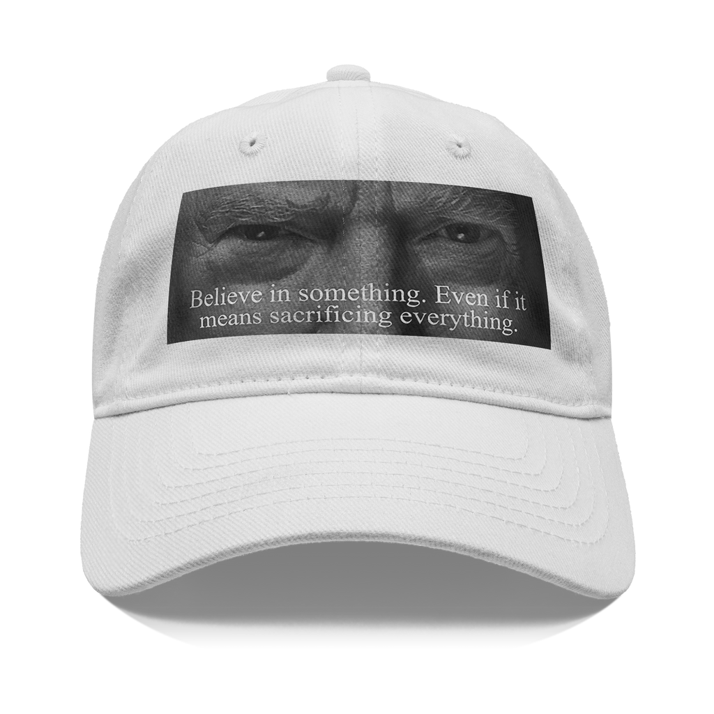 Trump Believe In Something Print graphic cap featuring a powerful quote encouraging belief and sacrifice.