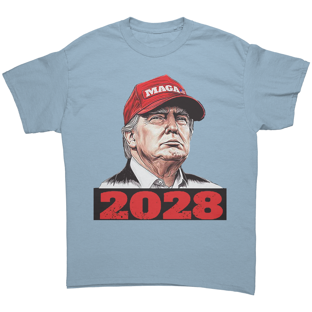 Trump Maga 2028 Visionary Gear graphic tee featuring Trump in a red MAGA hat with 2028 text.