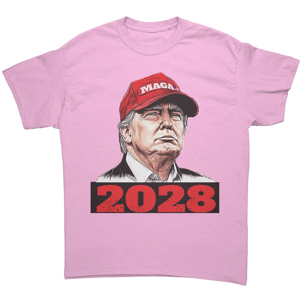 Trump Maga 2028 Visionary Gear graphic tee featuring a portrait of Trump with a '2028' design.