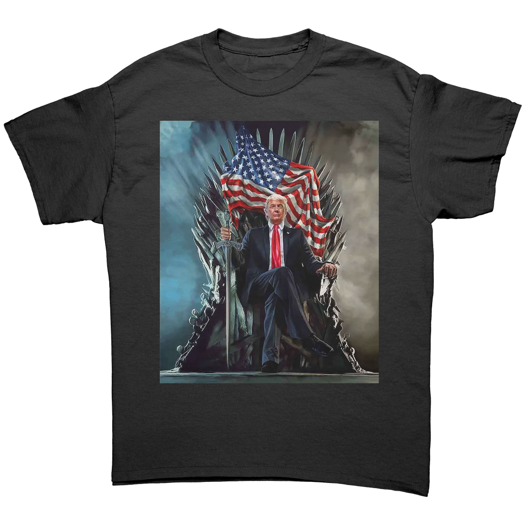 Trump On Throne American Flag Tee featuring a graphic of Trump on a throne holding the American flag.