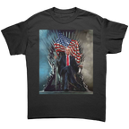 Trump On Throne American Flag Tee featuring a graphic of Trump on a throne holding the American flag.