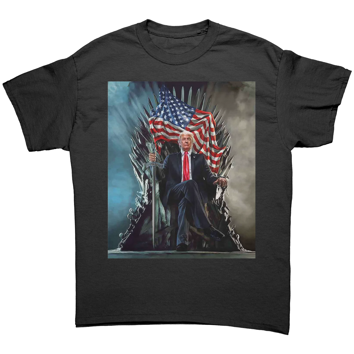 Trump On Throne American Flag Tee featuring a graphic of Trump on a throne holding the American flag.