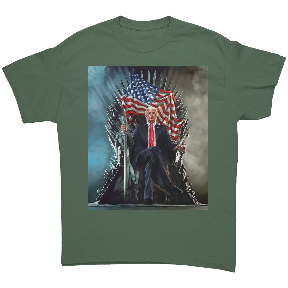 Trump On Throne American Flag Tee featuring a graphic of Trump sitting on a throne with an American flag.