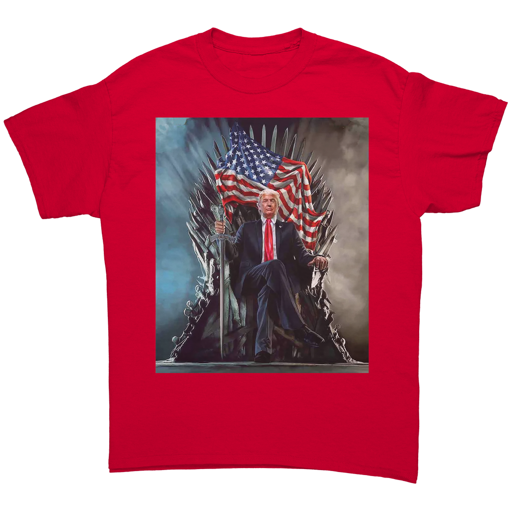 Trump On Throne American Flag Tee featuring Donald Trump seated on a throne with an American flag.
