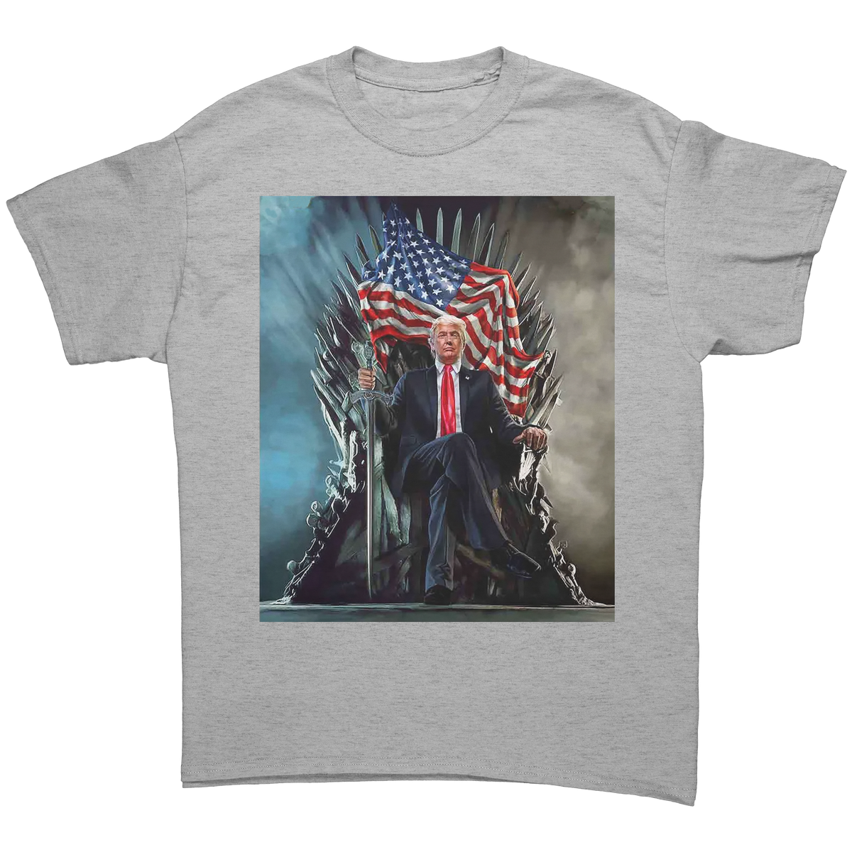 Trump On Throne American Flag Tee featuring Trump seated on a throne with an American flag.
