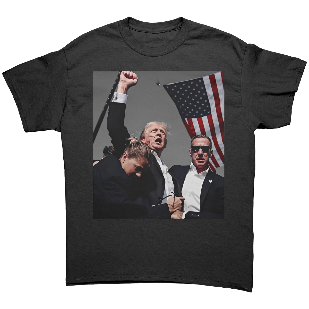 Trump Shot Premium Design Gear featuring a graphic of Trump with supporters and an American flag on a fitted black tee.