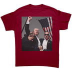 Trump Shot Premium Design Gear – Fitted graphic tee featuring a powerful image of Trump with supporters.