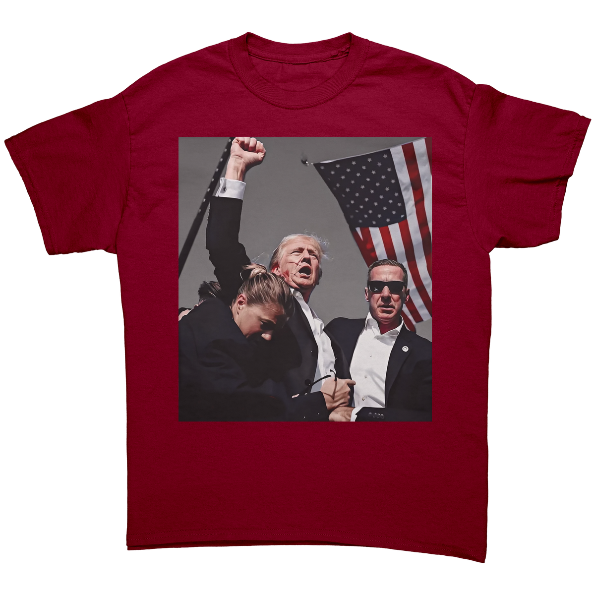 Trump Shot Premium Design Gear – Fitted graphic tee featuring a powerful image of Trump with supporters.