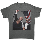 Trump Shot Premium Design Gear featuring graphic of Trump raising fist with flag and security personnel.