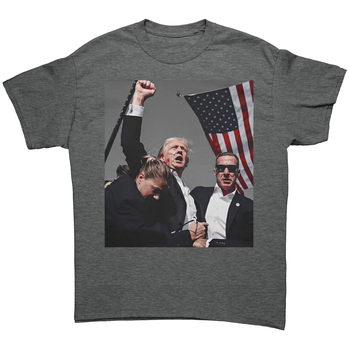 Trump Shot Premium Design Gear featuring graphic of Trump raising fist with flag and security personnel.