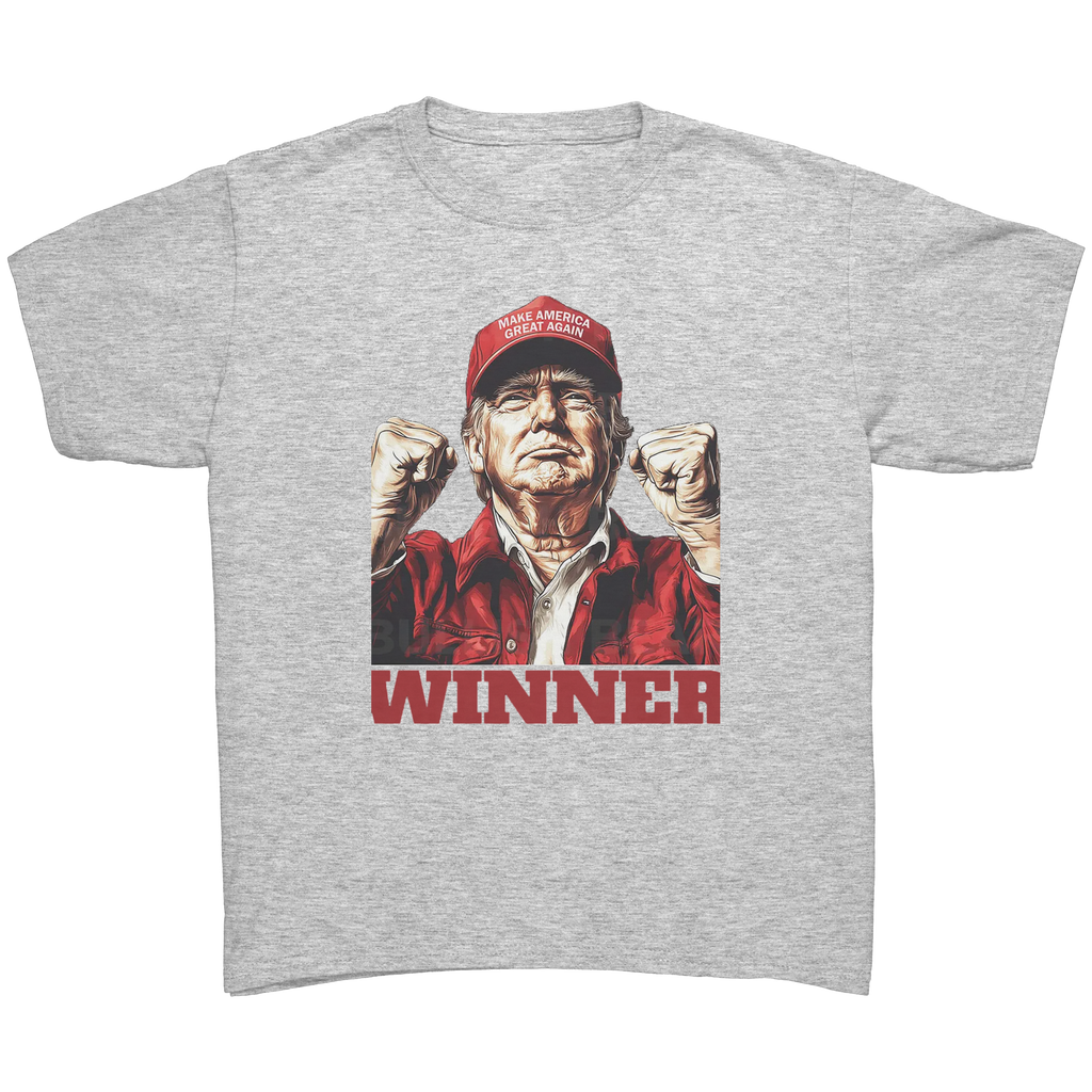 Trump The Winning Choice Apparel featuring a proud figure in a red hat and fists raised, symbolizing victory and conservative support.