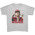 Trump The Winning Choice Apparel featuring a proud figure in a red hat and fists raised, symbolizing victory and conservative support.