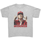 Trump The Winning Choice Apparel featuring a proud figure in a red hat and fists raised, symbolizing victory and conservative support.