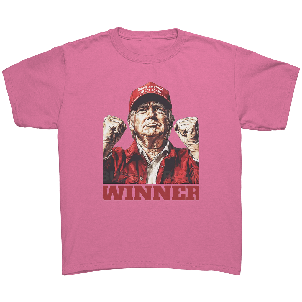 Trump The Winning Choice Apparel featuring a confident figure wearing a MAGA hat with the text 'WINNER'.