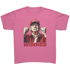 Trump The Winning Choice Apparel featuring a confident figure wearing a MAGA hat with the text 'WINNER'.