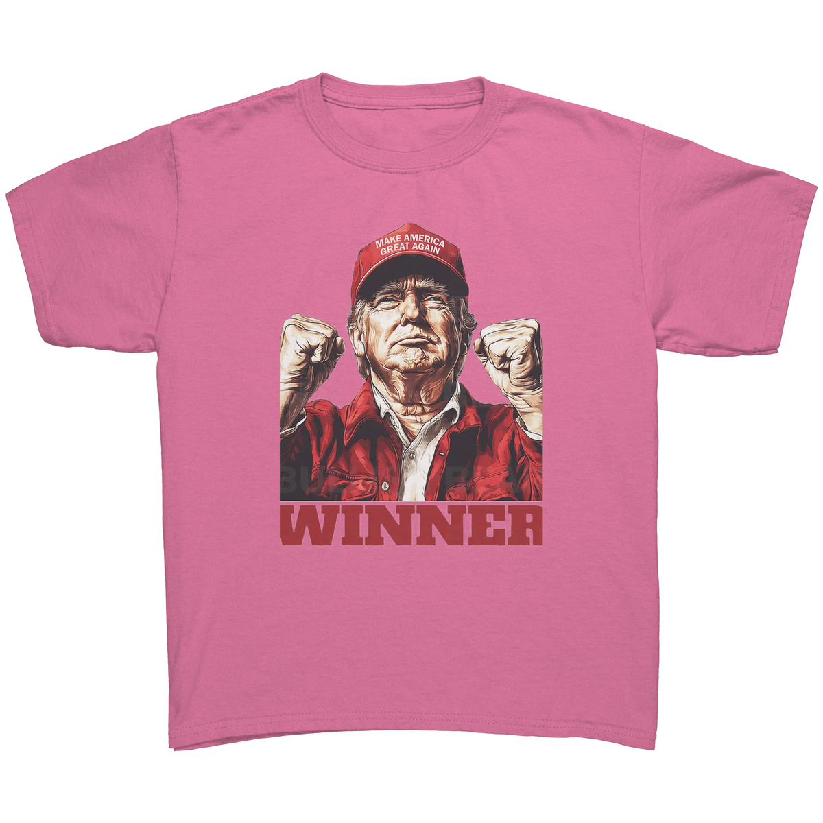 Trump The Winning Choice Apparel featuring a confident figure wearing a MAGA hat with the text 'WINNER'.