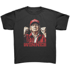Trump The Winning Choice Apparel featuring a confident man in a red cap, promoting a winning attitude.