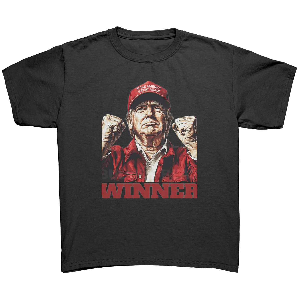 Trump The Winning Choice Apparel featuring a confident man in a red cap, promoting a winning attitude.