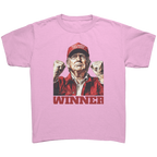 Trump The Winning Choice Apparel featuring a victorious figure with a red hat and winner text.