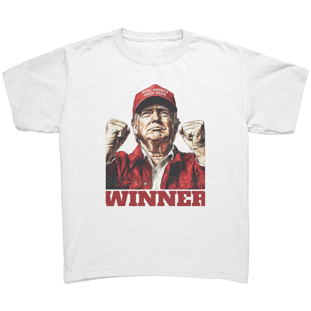 Trump The Winning Choice Apparel featuring a victorious figure with a red hat and "WINNER" text.