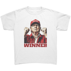 Trump The Winning Choice Apparel featuring a victorious figure with a red hat and "WINNER" text.