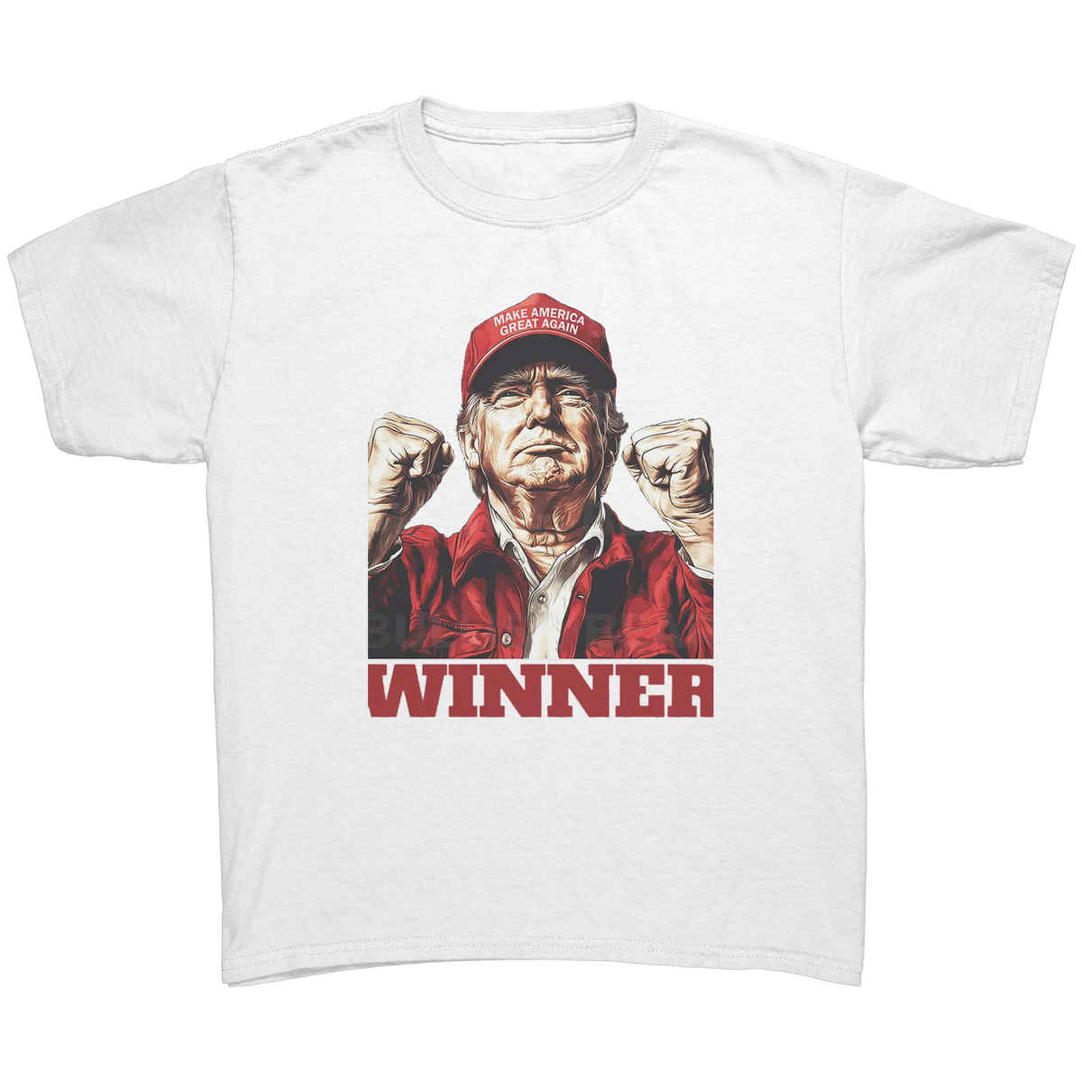 Trump The Winning Choice Apparel featuring a victorious figure with a red hat and "WINNER" text.