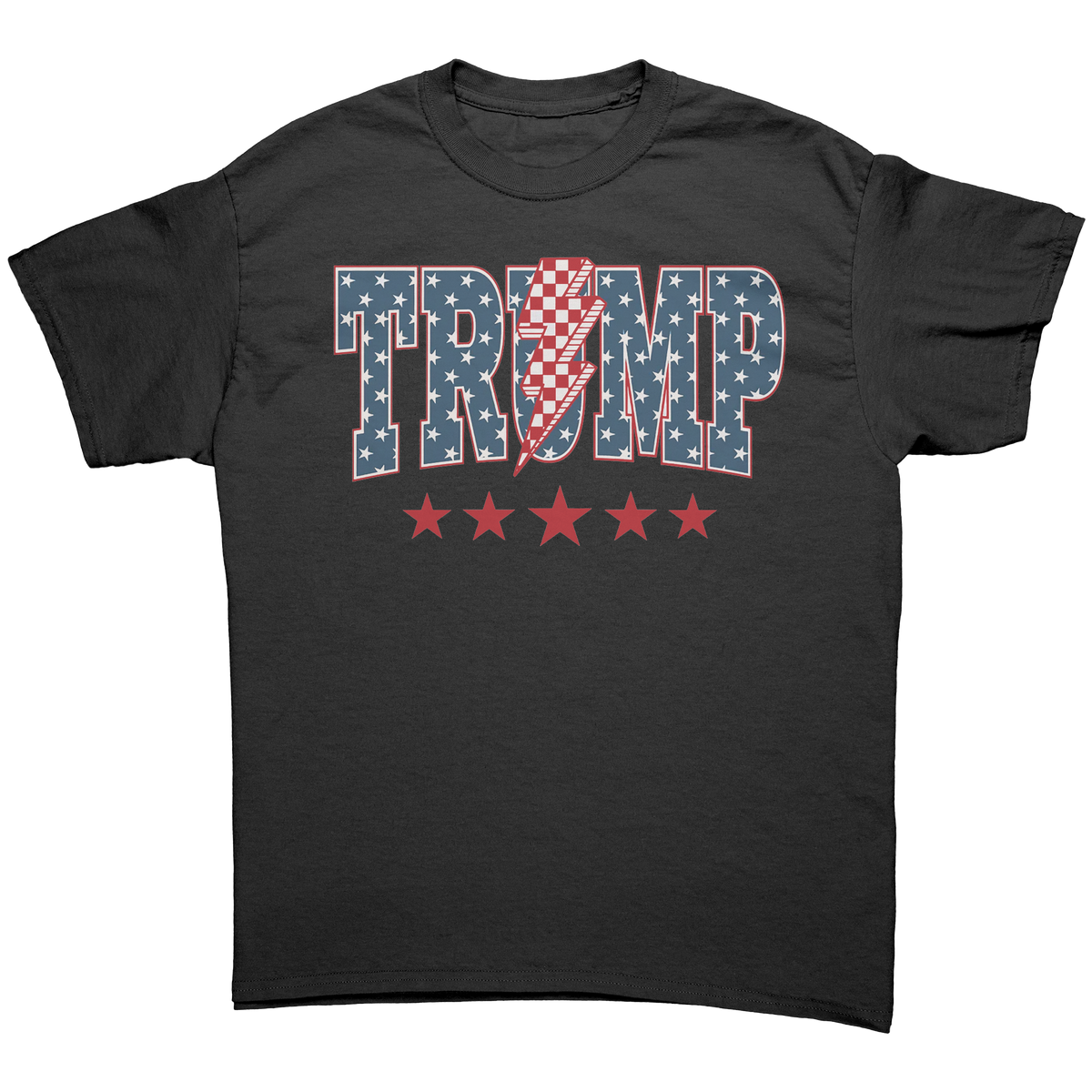 Trump Storm Lightning Style Tee featuring red and blue graphic design and stars on a dark t-shirt.