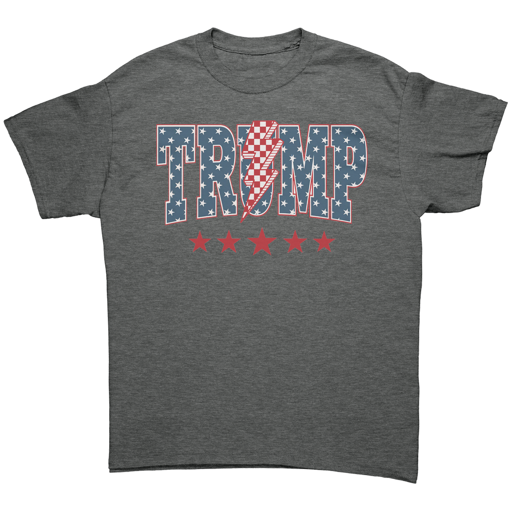 Trump Storm Lightning Style Tee – Fitted graphic tee with patriotic design featuring stars and stripes.