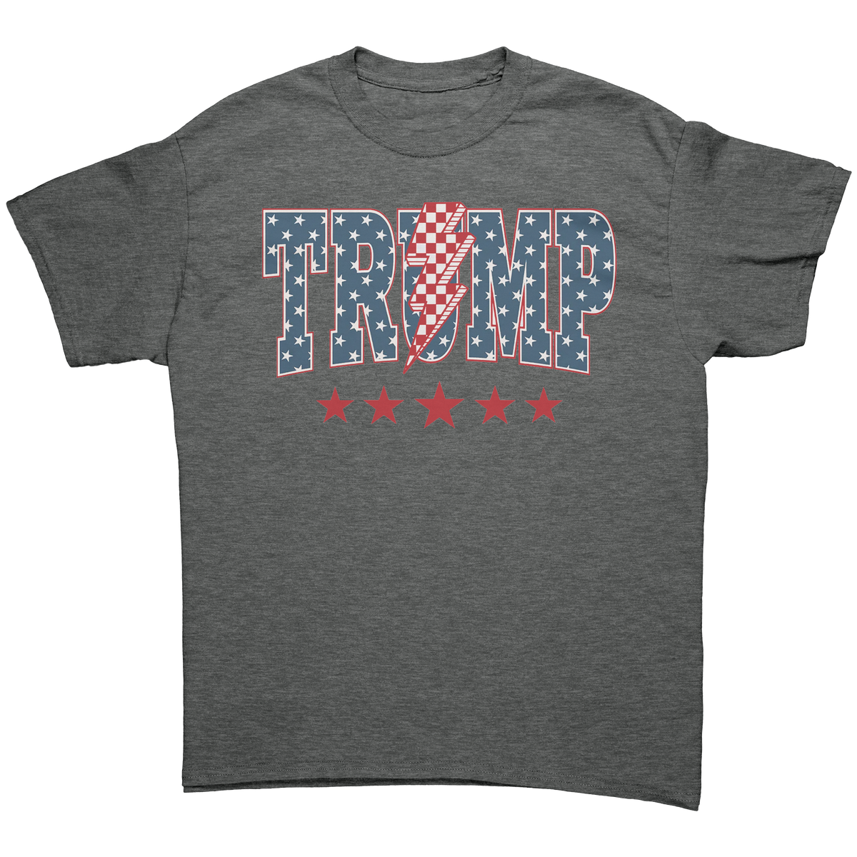 Trump Storm Lightning Style Tee – Fitted graphic tee with patriotic design featuring stars and stripes.