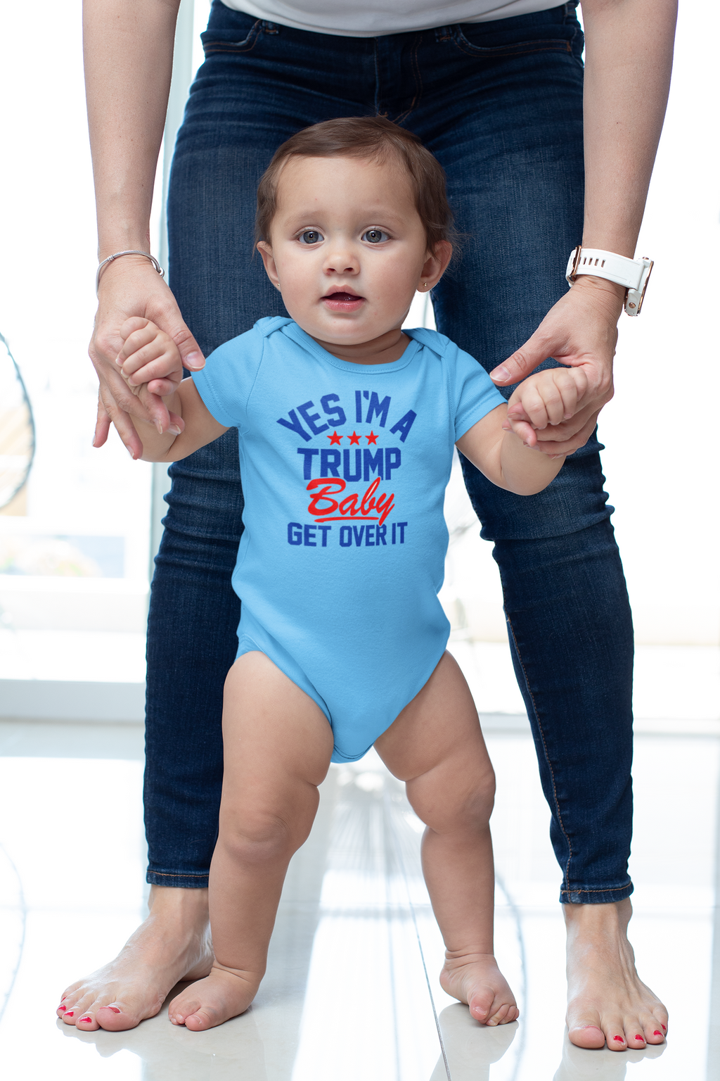 Yes I am A Trump Baby Onesie Art worn by a toddler, showcasing patriotic pride and comfort in a playful design.