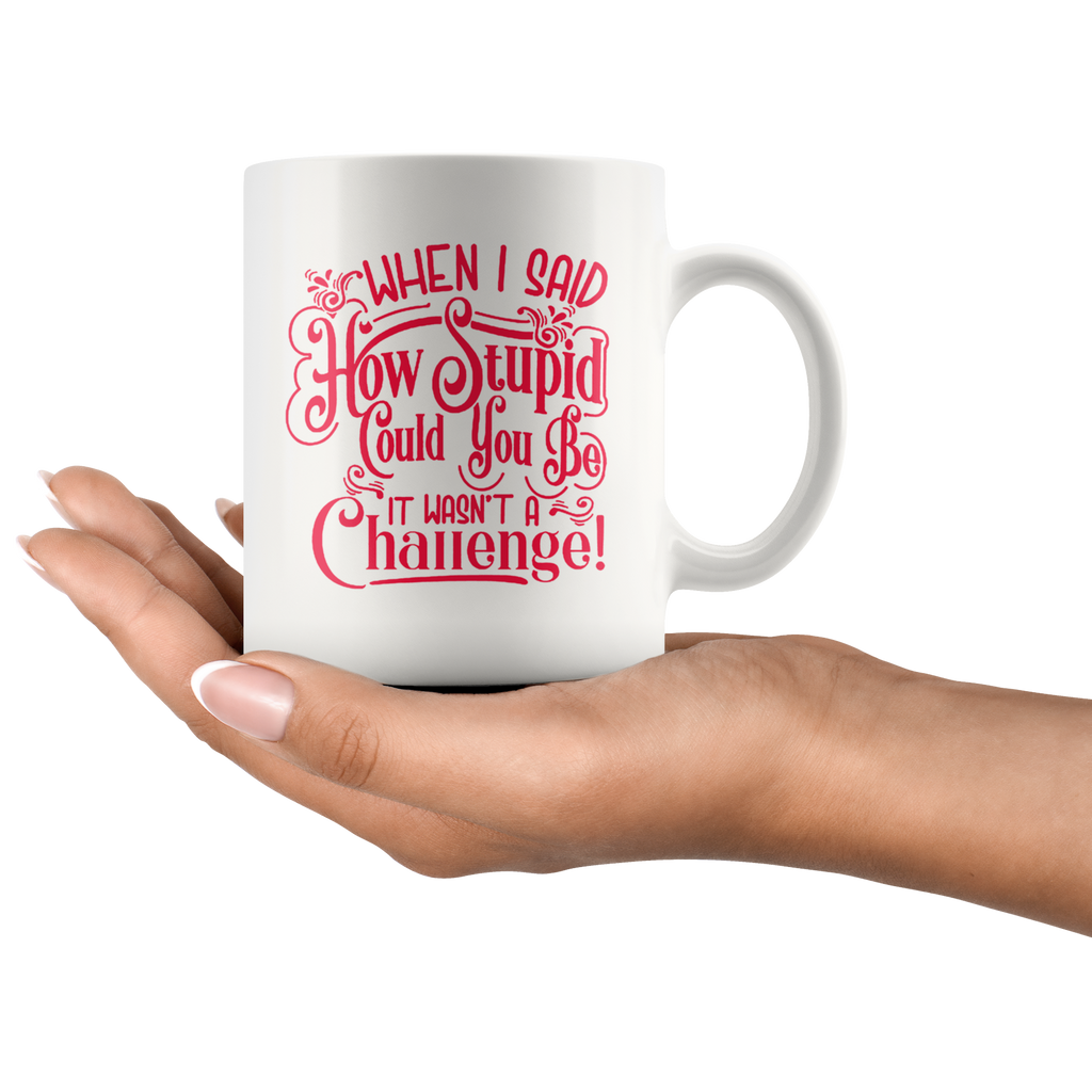 Mug with 'When I Said How Stupid Could You Be It Wasn't A Challenge!' humorous text design held in a hand.