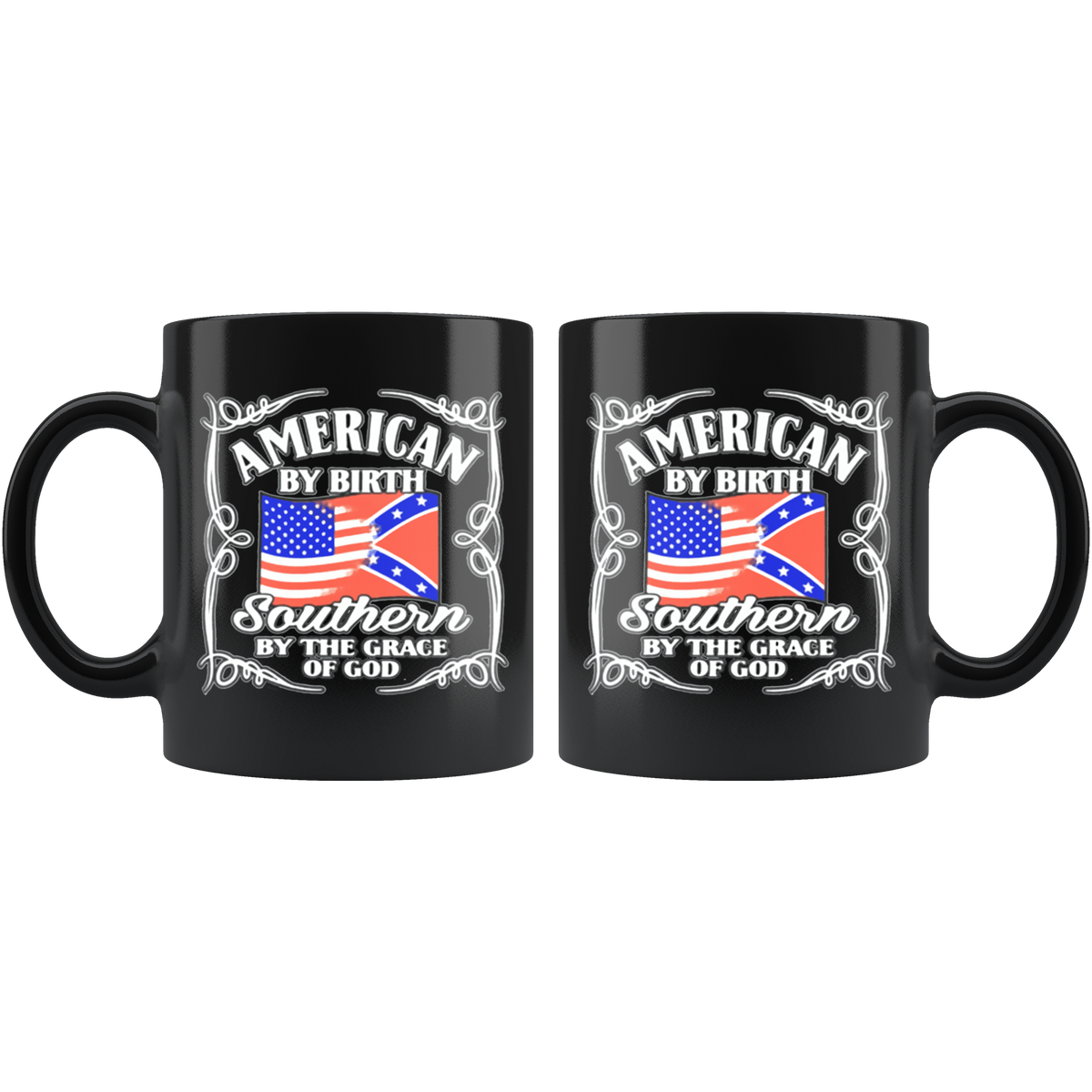 American By Birth Southern By The Grace Of God Blk mugs with heritage print design
