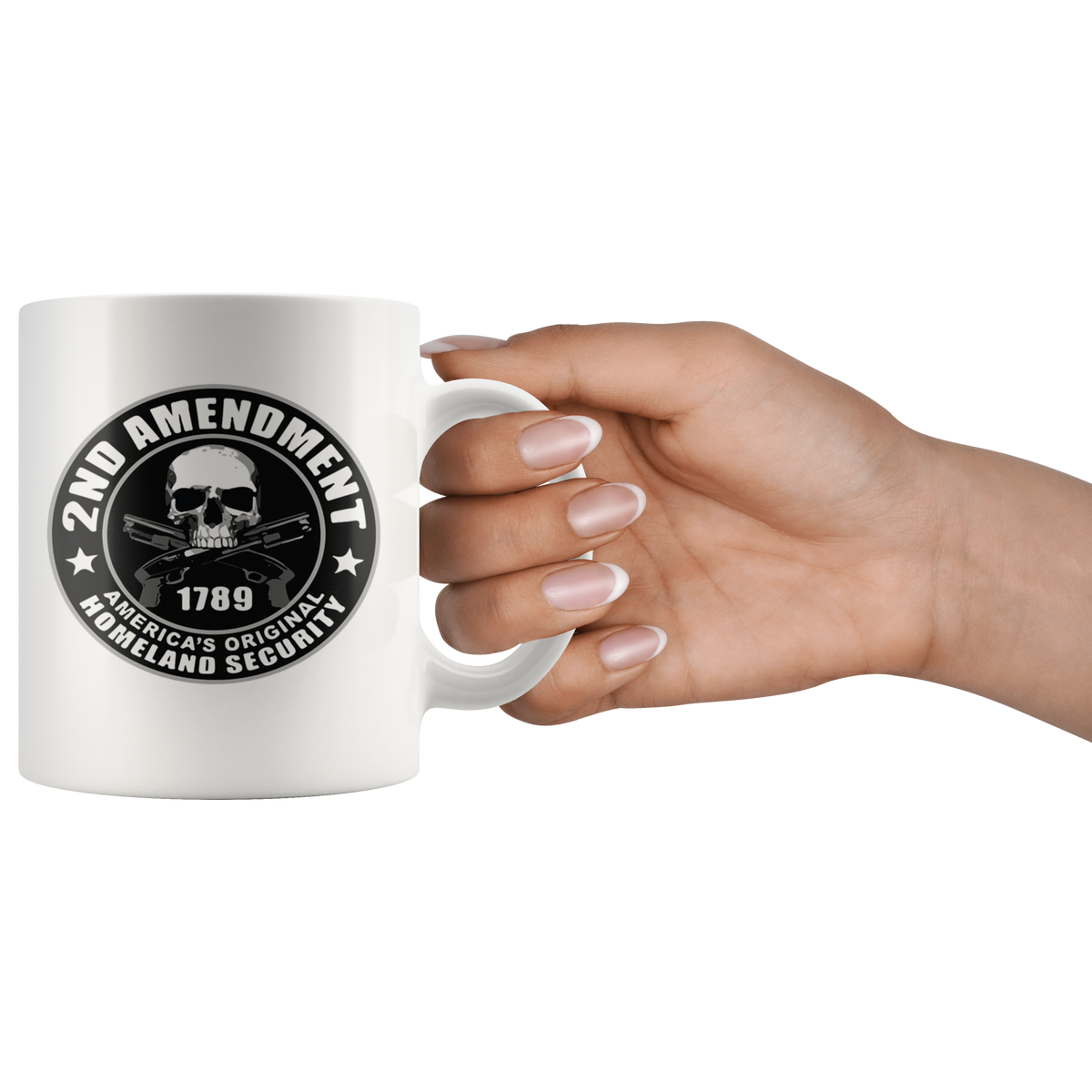 Hand holding 2nd Amendment 1789 America's Original Homeland Security Wht ceramic mug