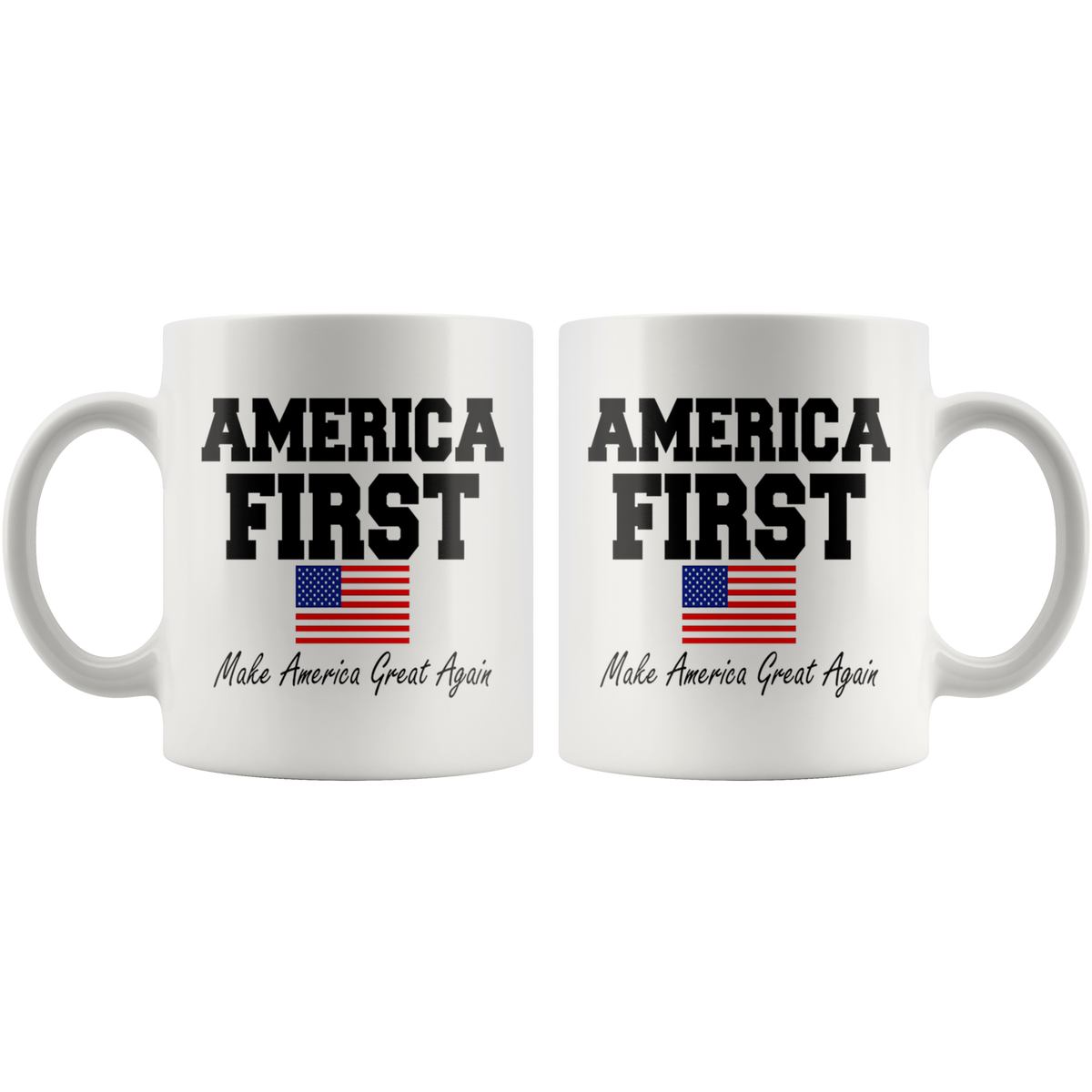 America First Make America Great Again Design ceramic mug with flag, perfect for hot and cold beverages.