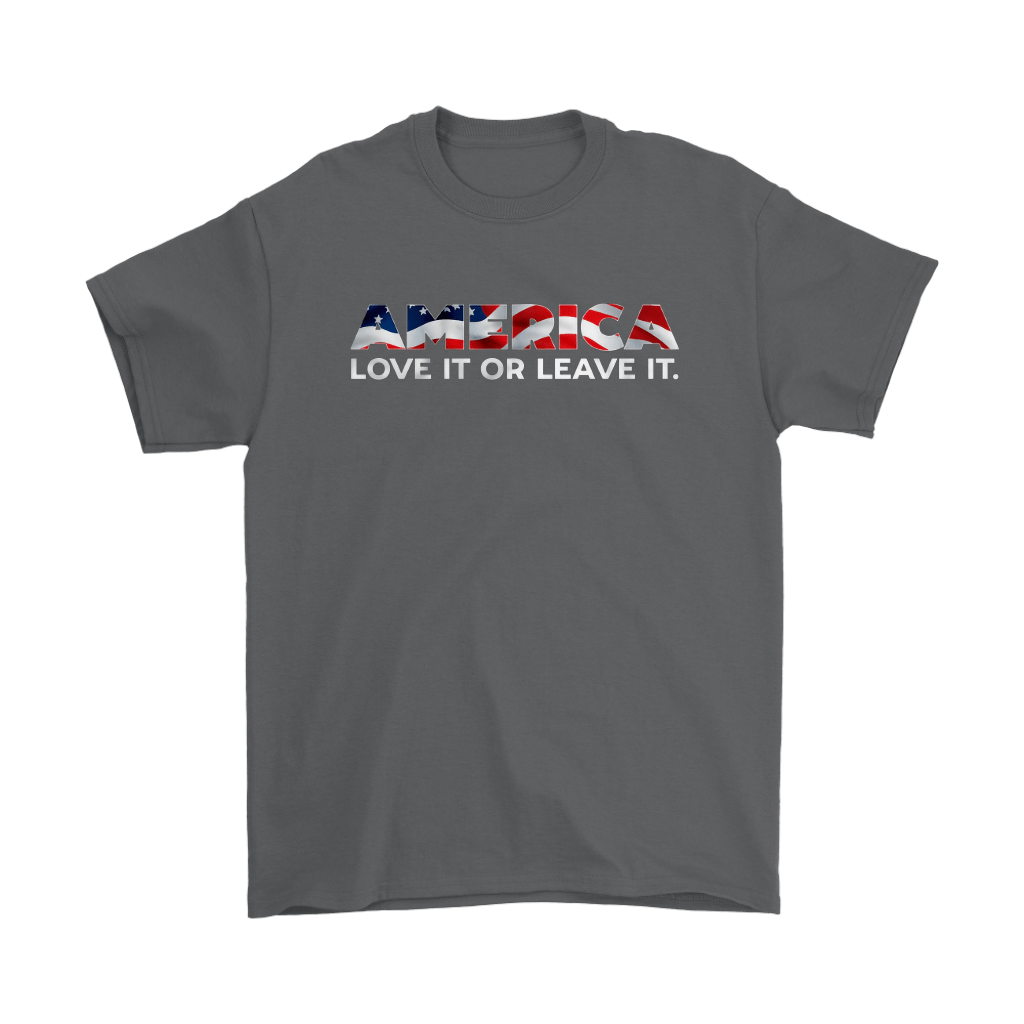 America Love It Or Leave It Classic Statement Tee Shirt with a patriotic design and bold text on a gray background.