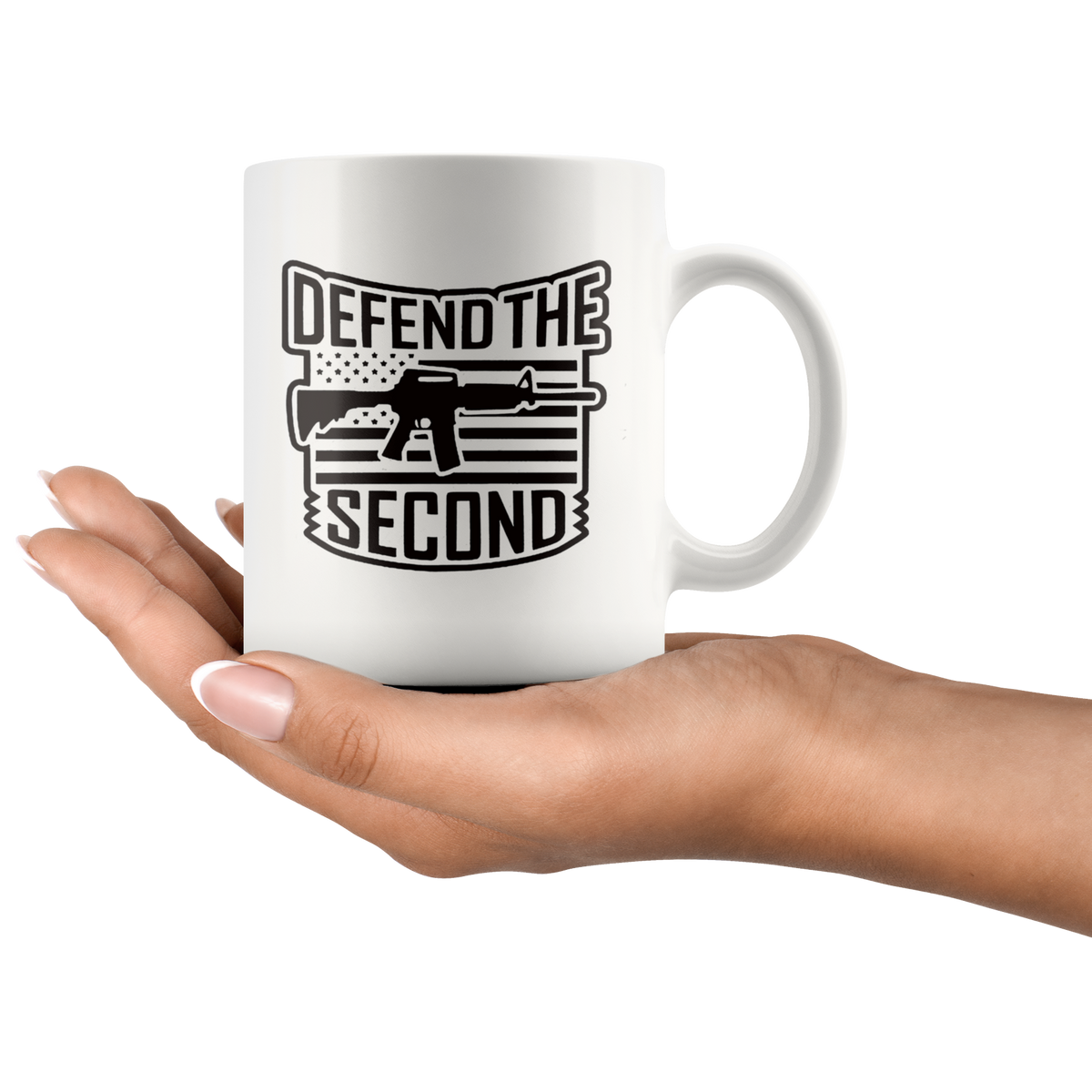 Defend the Second AR-15 Patriotic Graphic Design ceramic mug held in hand