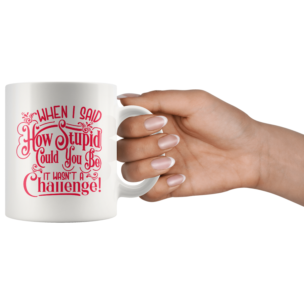 Coffee mug with 'When I Said How Stupid Could You Be It Wasn't A Challenge' humorous message held by a hand.