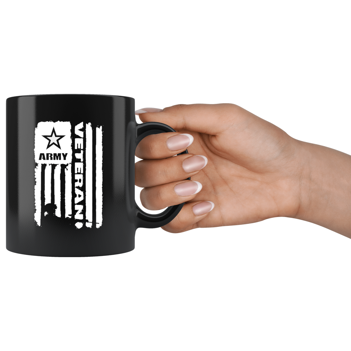 Black ceramic mug featuring Army Veteran Flag With Soldier Silhouette, held in a hand, perfect for hot and cold beverages.