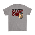 Gray graphic t-shirt featuring Gun Safety Rule Always Carry One text with a hand pointing a revolver