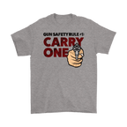 Gray graphic t-shirt featuring Gun Safety Rule Always Carry One text with a hand pointing a revolver