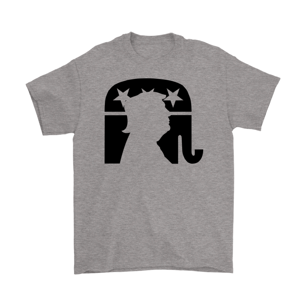 Gray t-shirt featuring Trump Silhouette On GOP Symbol design with bold political statement.