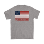 Gray t-shirt featuring "I Pledge Allegiance" with American flag, supporting conservative values.