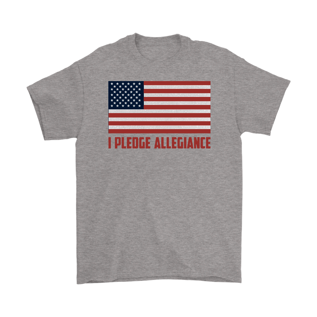 Gray t-shirt featuring "I Pledge Allegiance" with American flag, supporting conservative values.
