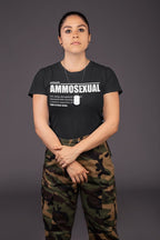 Woman wearing Ammosexual Sarcastic Graphic Design t-shirt and camo pants.