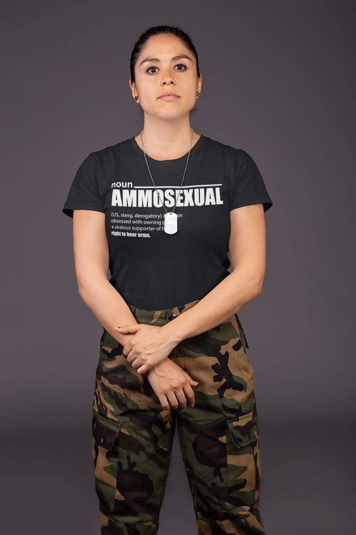 Woman wearing Ammosexual Sarcastic Graphic Design t-shirt and camo pants.