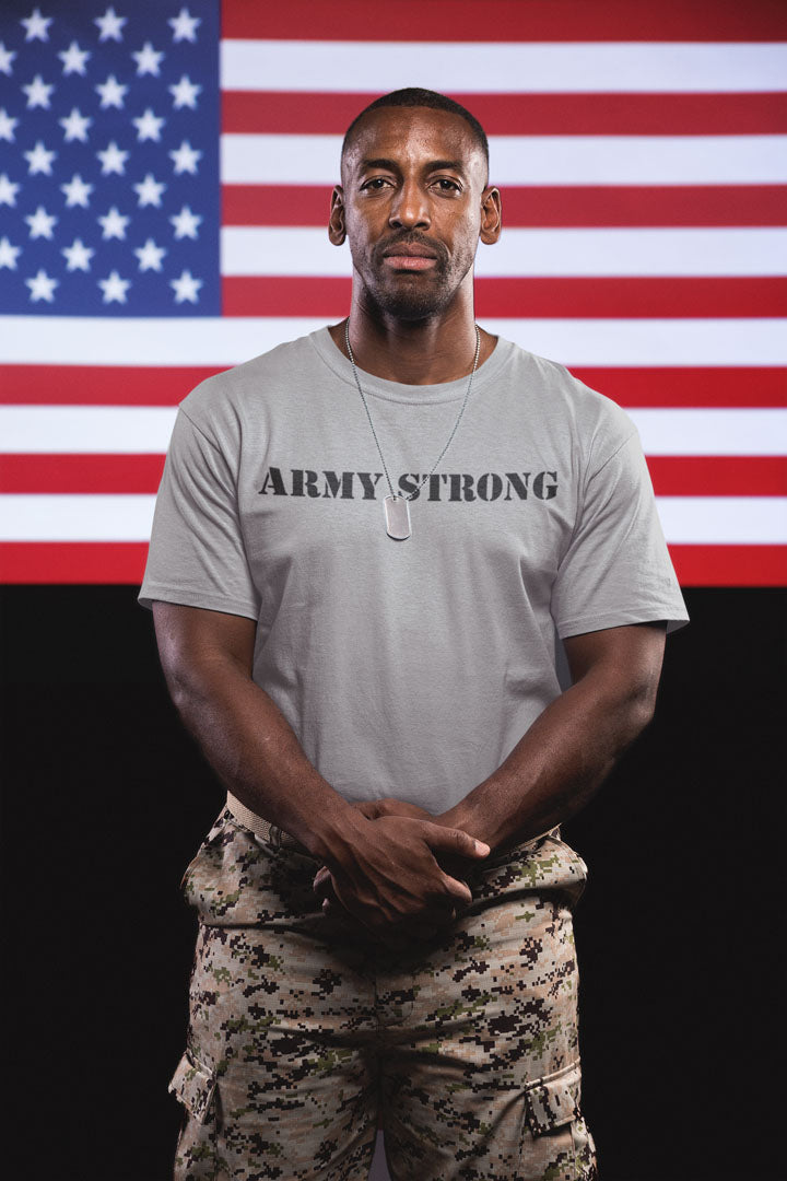 Man in 'Army Strong' shirt with American flag backdrop representing America First National Legacy Art.