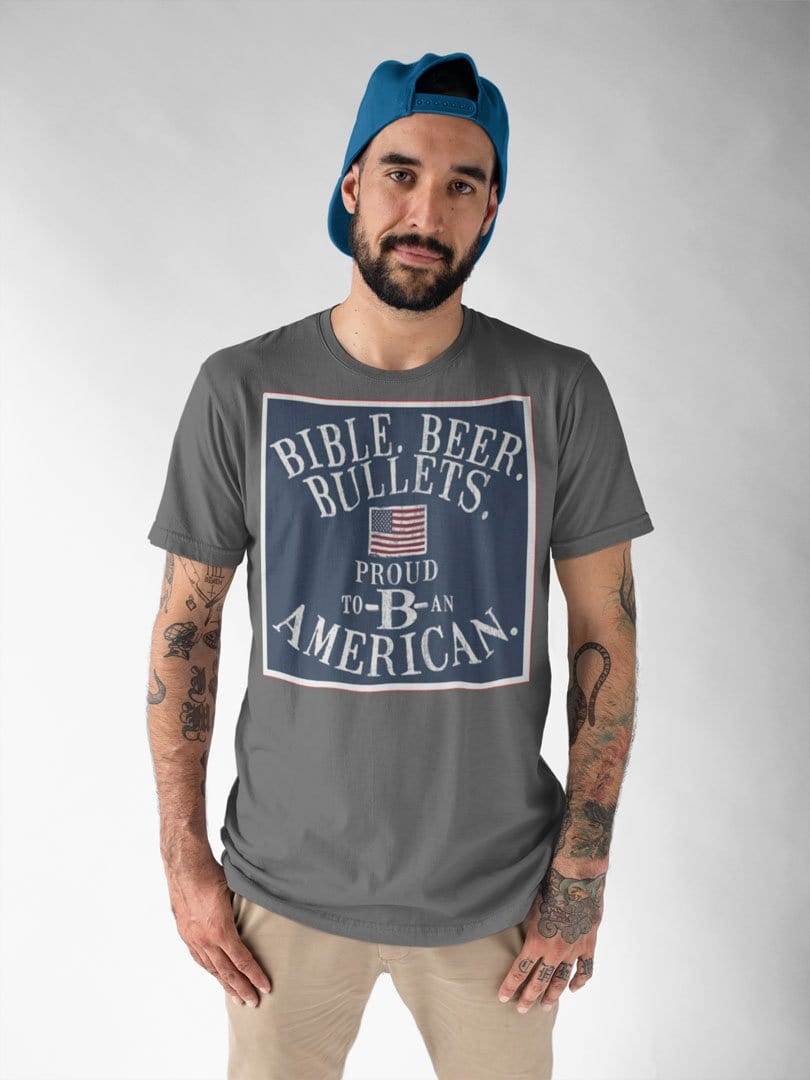 Man wearing Americana Icon Bold Graphic Shirt with conservative message