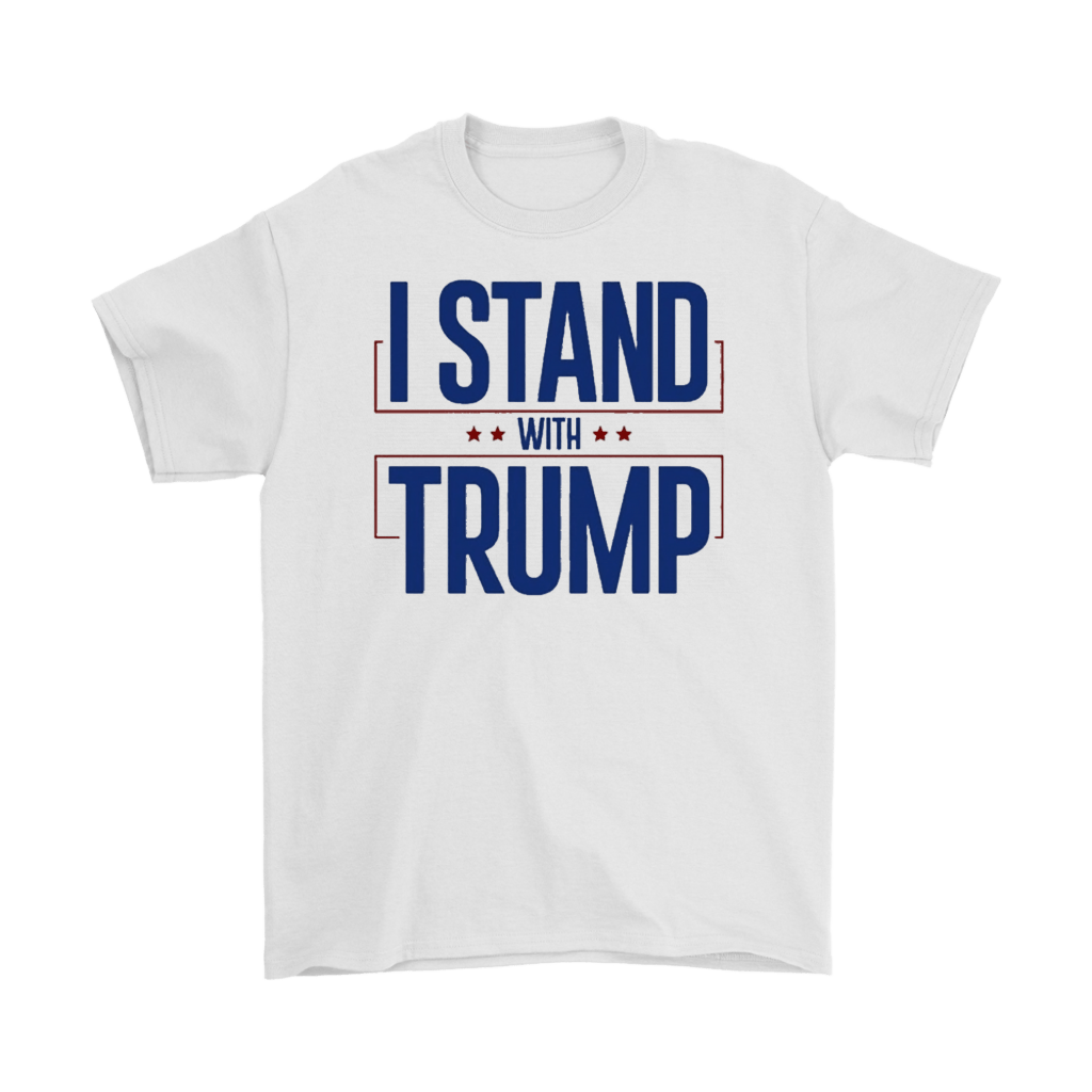 I Stand With Trump Bold Supporter Graphic Tee Shirt with bold blue text and stars on a white background.