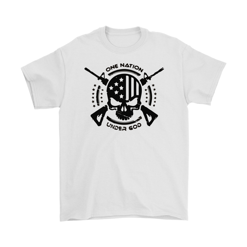God And Country Skull Rifles USA graphic t-shirt with skull and rifle design on white shirt